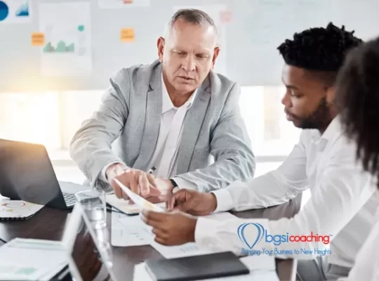 BGSICoaching | Leadership, mentor and business meeting with manager and employee in marketing, strategy and growth. Coach, training and project management with senior businessman consulting with review or idea