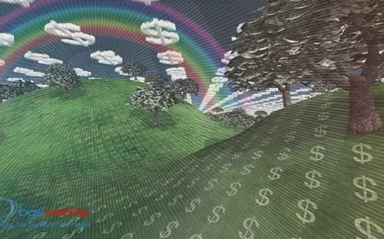 Surreal digital art. Landscape with currency elements. Trees with dollars banknotes instead of leaves. Clouds in shape of dollars sign. Rainbow in the sky