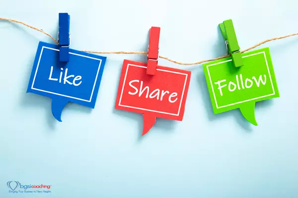 Like share follow bubble with clip hanging on the line with blue background.